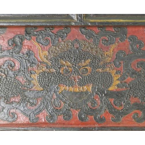 3806 - Chinese lacquered wood folding scribes table painted with a dragon, 28.5cm H x 63.5cm W x 31.5cm D