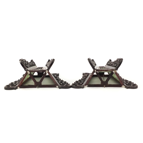 3947 - Pair of Chinese carved wood wall lights with panels, each decorated with birds, 33cm high