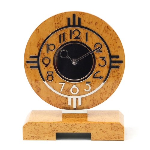 3328 - Art Deco design Dunhill birdseye maple mantel clock, the circular dial having Arabic numerals, numbe... 