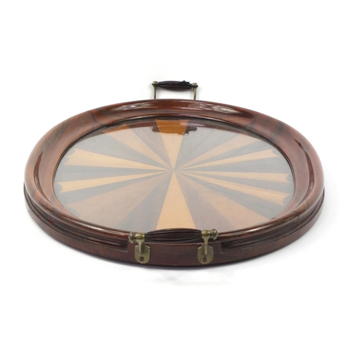 3445 - Oval inlaid mahogany tray with twin handles and glass insert, 71cm x 42cm