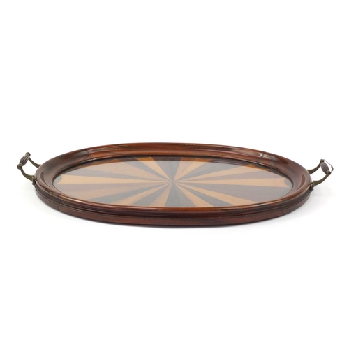 3445 - Oval inlaid mahogany tray with twin handles and glass insert, 71cm x 42cm