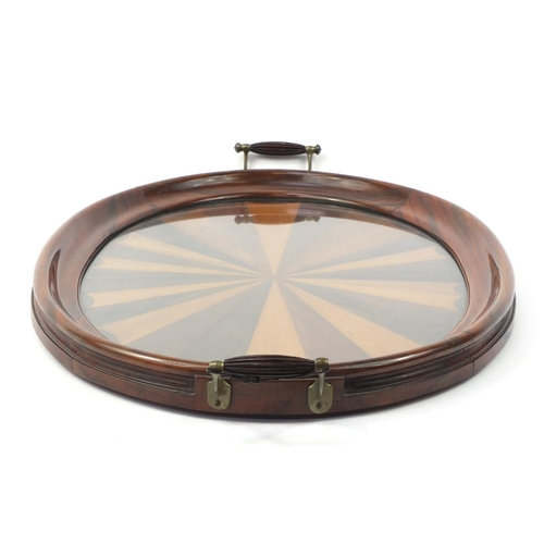 3445 - Oval inlaid mahogany tray with twin handles and glass insert, 71cm x 42cm