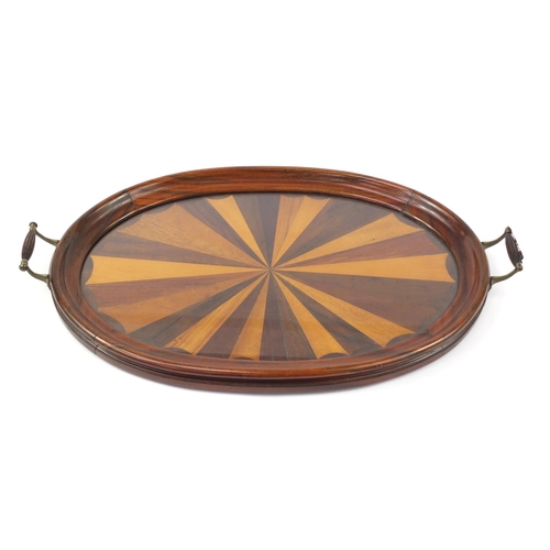 3445 - Oval inlaid mahogany tray with twin handles and glass insert, 71cm x 42cm