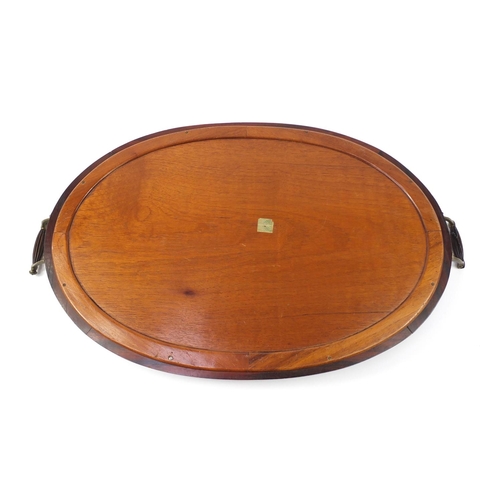 3445 - Oval inlaid mahogany tray with twin handles and glass insert, 71cm x 42cm