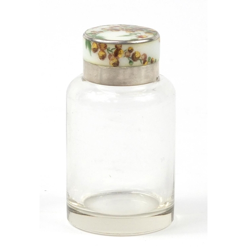 3998 - Edward VII glass bottle with silver and enamel lid, by Gourdel Vales & Co, London import marks 1911,... 