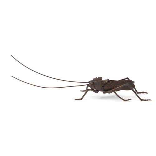 3798 - Japanese patinated bronze cricket with articulated antennae and legs, 14.5cm in length