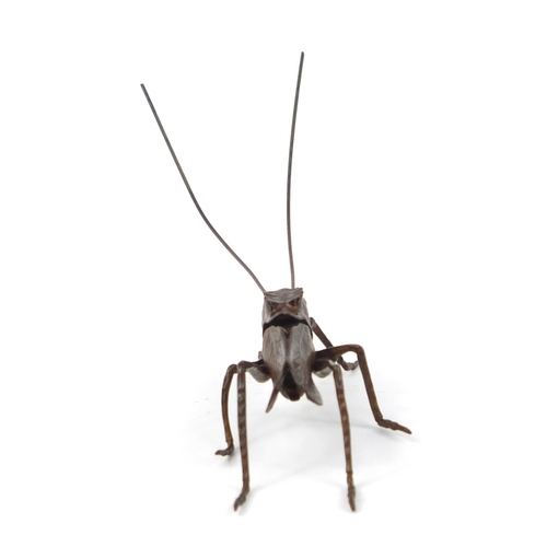 3798 - Japanese patinated bronze cricket with articulated antennae and legs, 14.5cm in length