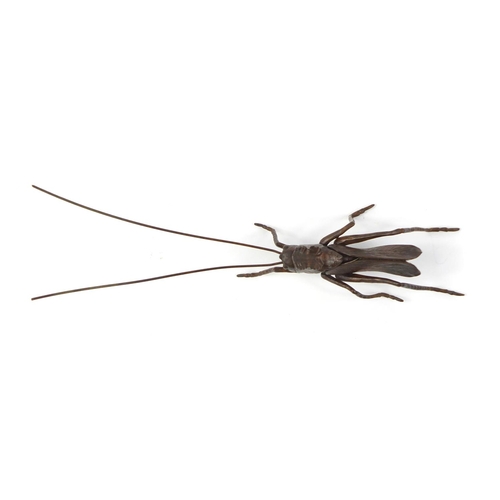 3798 - Japanese patinated bronze cricket with articulated antennae and legs, 14.5cm in length