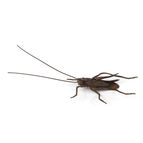 3798 - Japanese patinated bronze cricket with articulated antennae and legs, 14.5cm in length