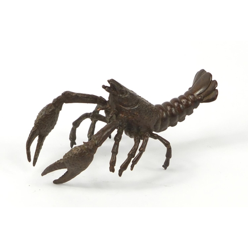 3958 - Japanese patinated bronze lobster, impressed character marks to the base 9.5cm in length