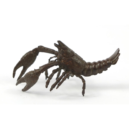 3958 - Japanese patinated bronze lobster, impressed character marks to the base 9.5cm in length