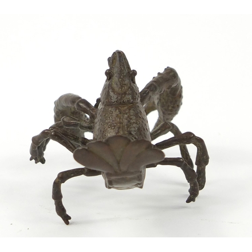 3958 - Japanese patinated bronze lobster, impressed character marks to the base 9.5cm in length