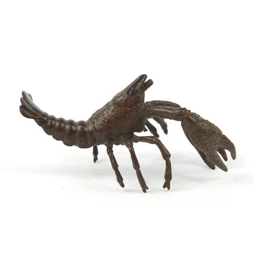 3958 - Japanese patinated bronze lobster, impressed character marks to the base 9.5cm in length