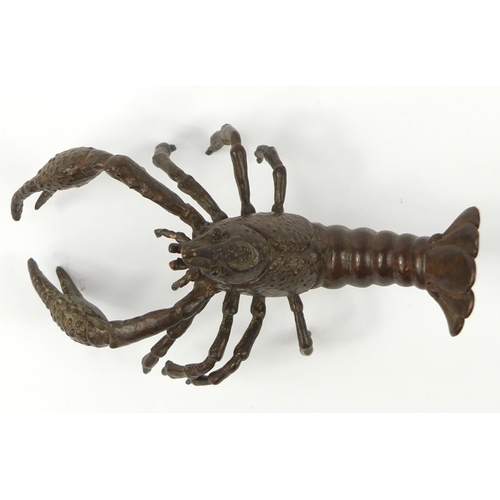 3958 - Japanese patinated bronze lobster, impressed character marks to the base 9.5cm in length