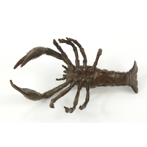 3958 - Japanese patinated bronze lobster, impressed character marks to the base 9.5cm in length