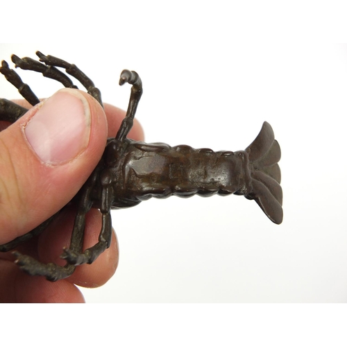 3958 - Japanese patinated bronze lobster, impressed character marks to the base 9.5cm in length