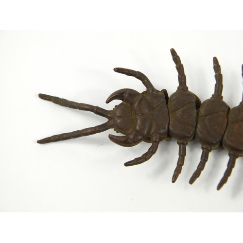 3800 - Japanese patinated bronze centipede, impressed character marks to the base, 16.5cm in length