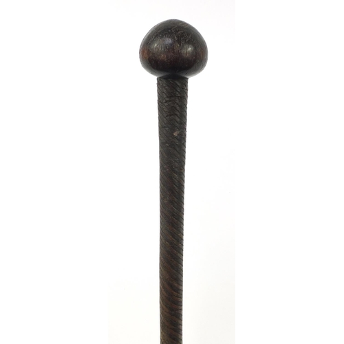 3843 - African hardwood Zulu warrior Knobkerrie with wire bound shaft, 74cm in length