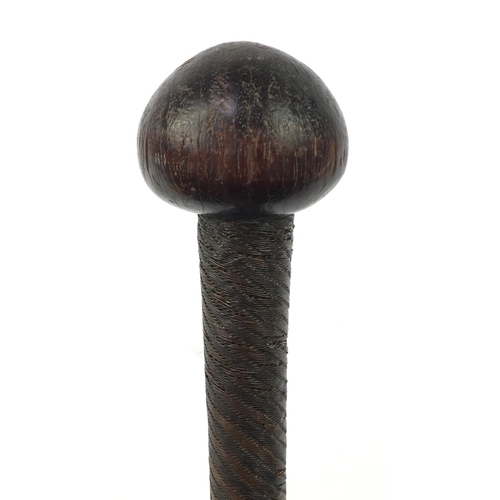 3843 - African hardwood Zulu warrior Knobkerrie with wire bound shaft, 74cm in length