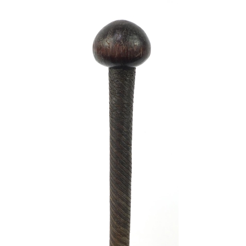 3843 - African hardwood Zulu warrior Knobkerrie with wire bound shaft, 74cm in length