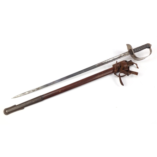 3293 - British military Infantry Officer's sword with scabbard, leather frog and engraved steel blade, indi... 