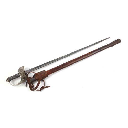 3293 - British military Infantry Officer's sword with scabbard, leather frog and engraved steel blade, indi... 