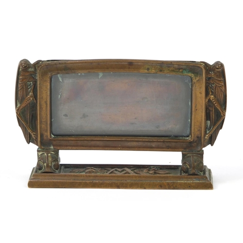 3650 - American school Arts & Crafts bronze photo frame with two locusts, initials MV to the base, 10.5cm h... 