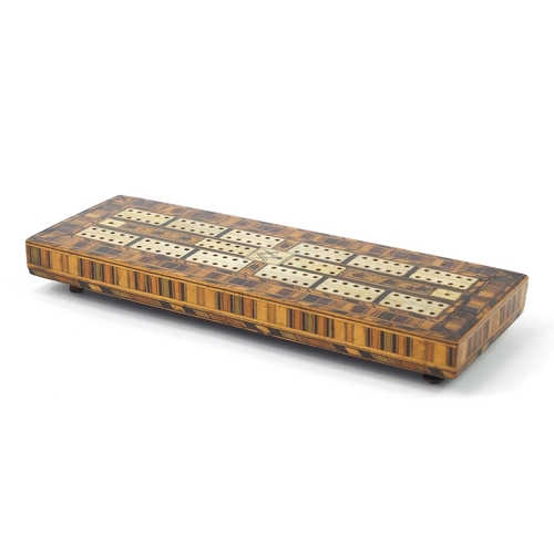 3894 - Masonic interest inlaid wood cribbage board with cork and ivory markers, 29.5cm x 10.5cm