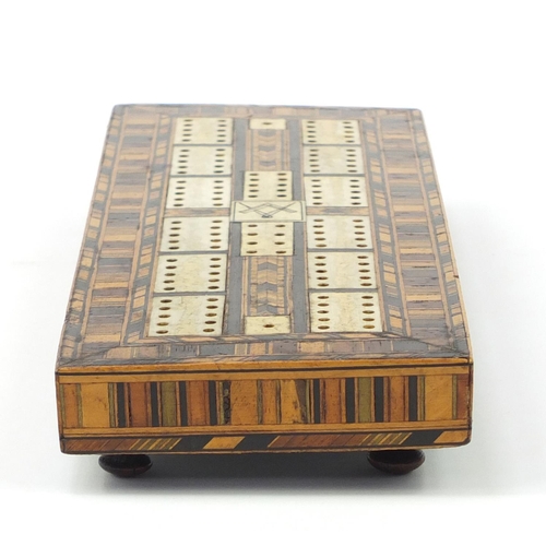 3894 - Masonic interest inlaid wood cribbage board with cork and ivory markers, 29.5cm x 10.5cm