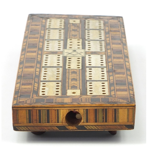 3894 - Masonic interest inlaid wood cribbage board with cork and ivory markers, 29.5cm x 10.5cm