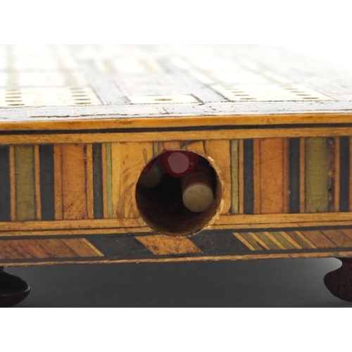 3894 - Masonic interest inlaid wood cribbage board with cork and ivory markers, 29.5cm x 10.5cm