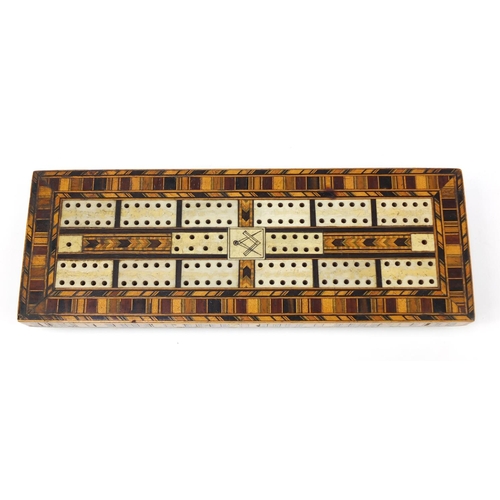 3894 - Masonic interest inlaid wood cribbage board with cork and ivory markers, 29.5cm x 10.5cm