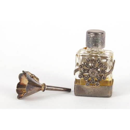 3455 - Miniature silver and glass marcasite scent bottle with funnel, the bottle 3.5cm high