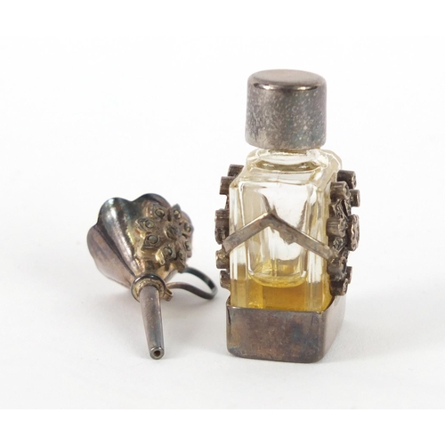 3455 - Miniature silver and glass marcasite scent bottle with funnel, the bottle 3.5cm high