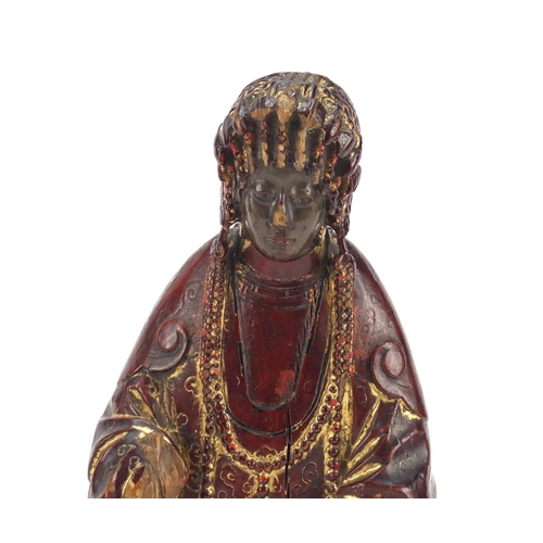 3561 - Antique Chinese red lacquered carved wood carving of a female wearing a robe, 27cm high