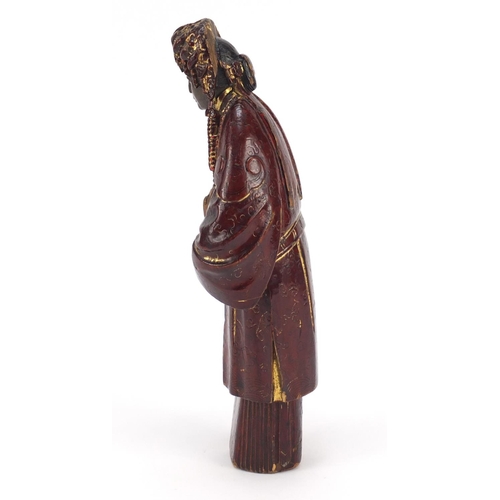 3561 - Antique Chinese red lacquered carved wood carving of a female wearing a robe, 27cm high