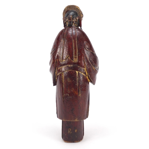 3561 - Antique Chinese red lacquered carved wood carving of a female wearing a robe, 27cm high