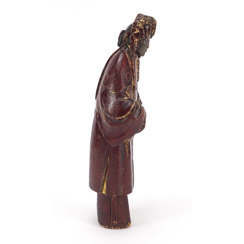 3561 - Antique Chinese red lacquered carved wood carving of a female wearing a robe, 27cm high