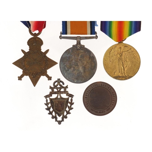 3405 - British military World War I trio with Royal Life Saving Society medallion and silver jewel, the tri... 