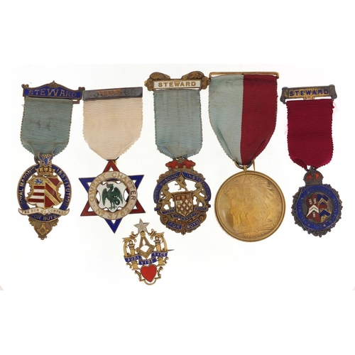 3898 - Six masonic silver jewels and a brooch, five with enamel including a Gwent Chapter NO3762 founder je... 