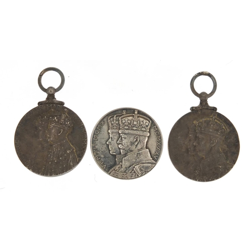 3315 - Three silver commemorative medals/medallions comprising King George VII coronation, King George V an... 