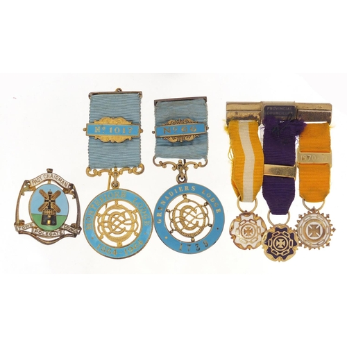 3899 - Six silver and enamel medals and a brooch including Past Chairman, Polegate Town Council, Grenadier'... 