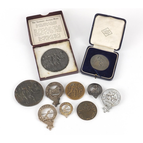 3900 - Military interest badges and commemorative medallions including two RMS Lusitania medallions, one wi... 