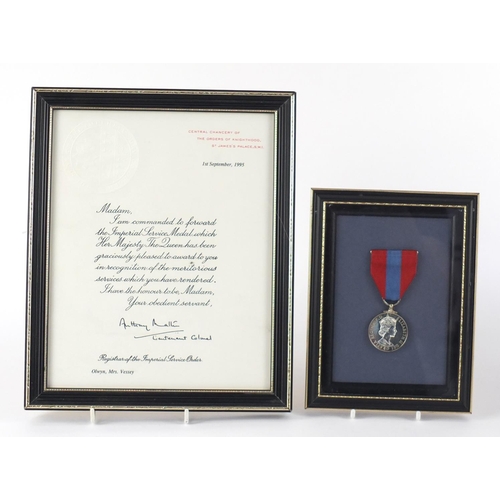 3287 - Two Elizabeth II Imperial Service medals including one with certificate, awarded to Mrs Olwyn Vessey... 