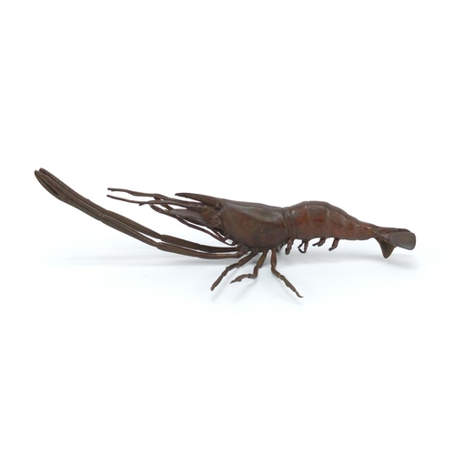 3575 - Japanese patinated bronze crayfish, impressed character marks to the base, 14cm in length