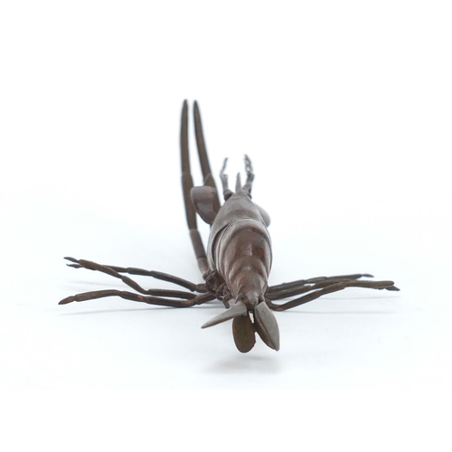 3575 - Japanese patinated bronze crayfish, impressed character marks to the base, 14cm in length