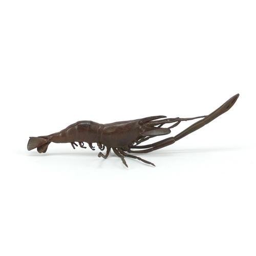 3575 - Japanese patinated bronze crayfish, impressed character marks to the base, 14cm in length