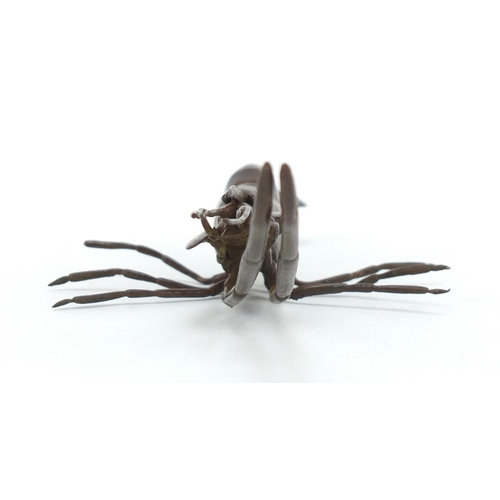 3575 - Japanese patinated bronze crayfish, impressed character marks to the base, 14cm in length