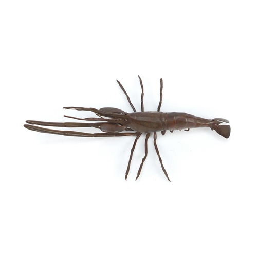 3575 - Japanese patinated bronze crayfish, impressed character marks to the base, 14cm in length