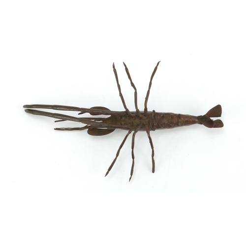 3575 - Japanese patinated bronze crayfish, impressed character marks to the base, 14cm in length